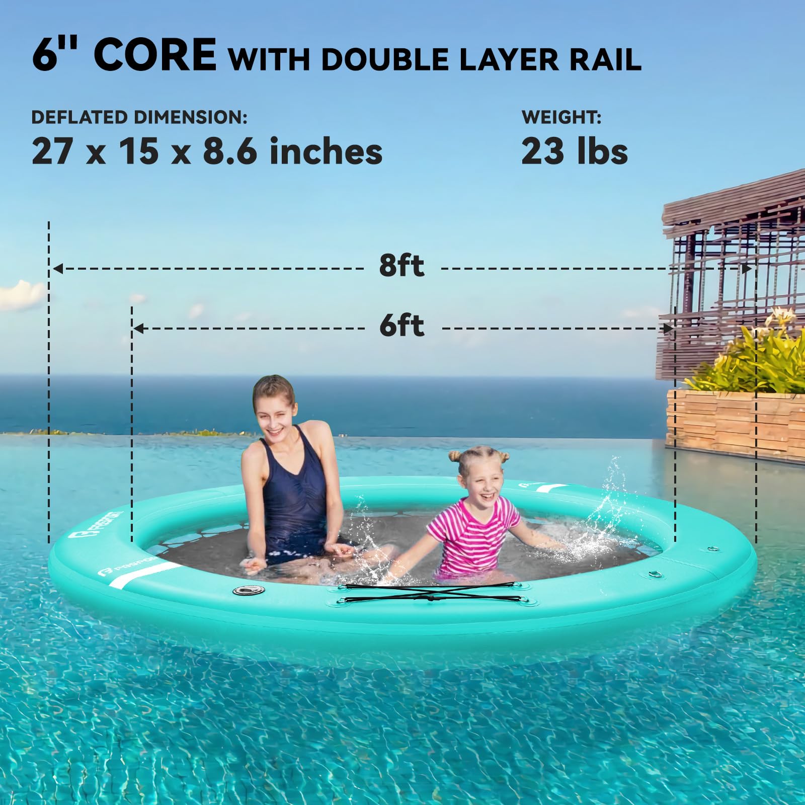 ZAMPIQ Inflatable Dock Floating Platform, 8ft Inflatable Water Hammock Floating Deck for Lake W/Cupholder, Round Floating Ring Sunchill Float Ring, Pool Float Raft Lounger Island Platform Pad