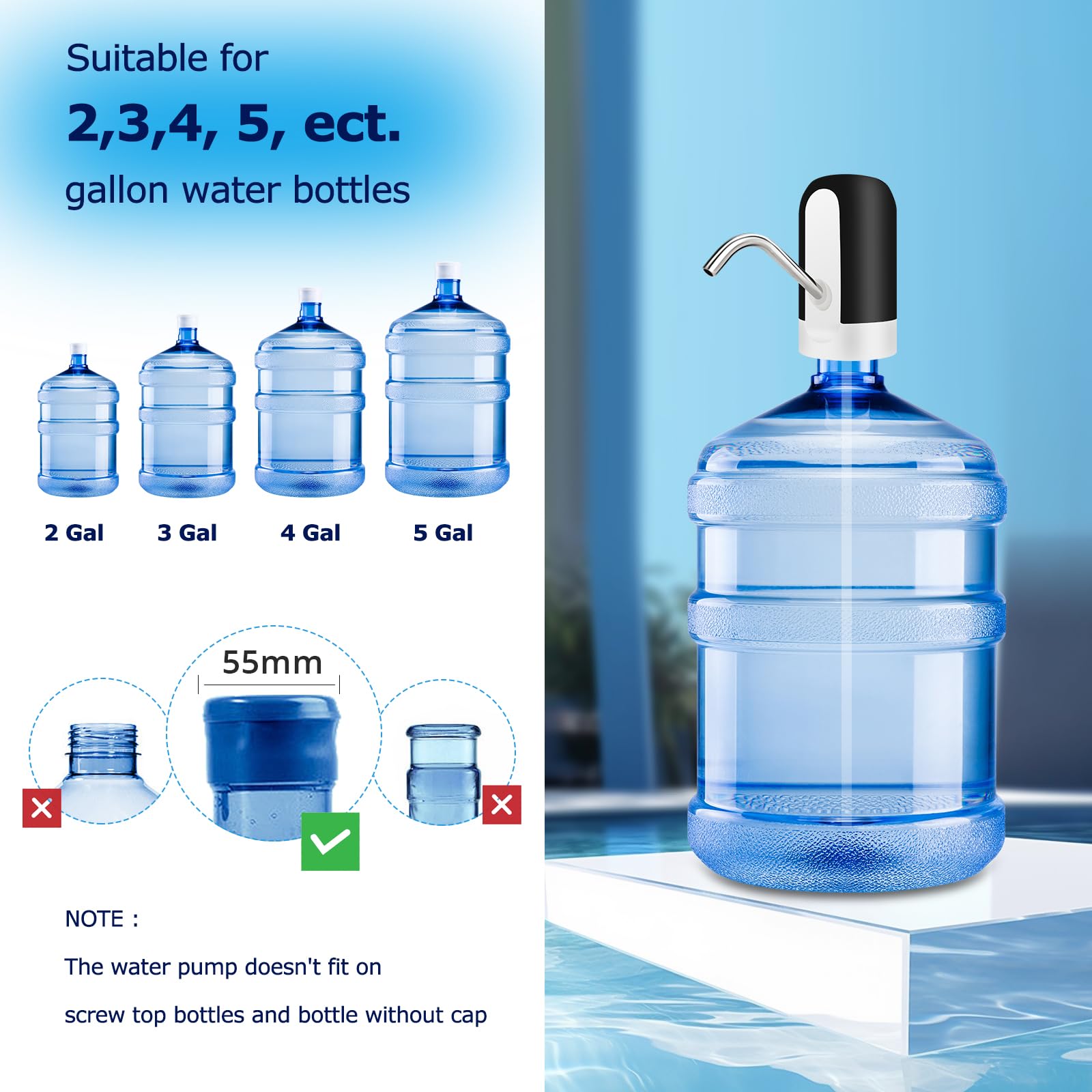 KUFUNG Water Dispenser for 5 Gallon Bottle - Rechargeable Water Pump for 5 Gal Jug, BPA-Free, Food Grade Silicone Hose, Stainless Steel Spout - 30-40 Days Battery Life, Easy One Switch Operation