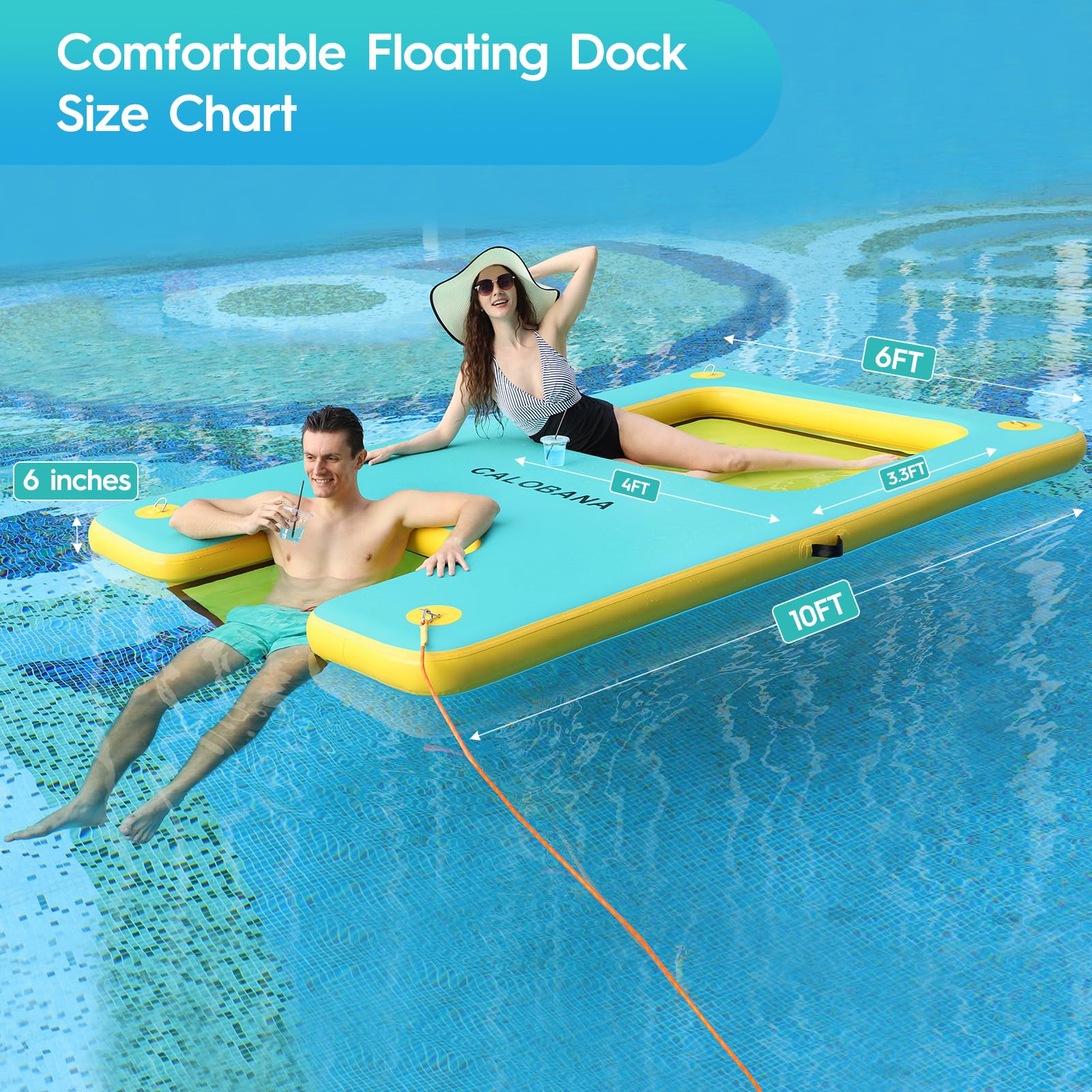 ZAMPIQ 10ft x 6ft Inflatable Dock Platform, Lake Floats with Mesh Water Ramp Floating Island for Lake Boats Island Swimming Pool Sea Dock, Mint Green & Yellow