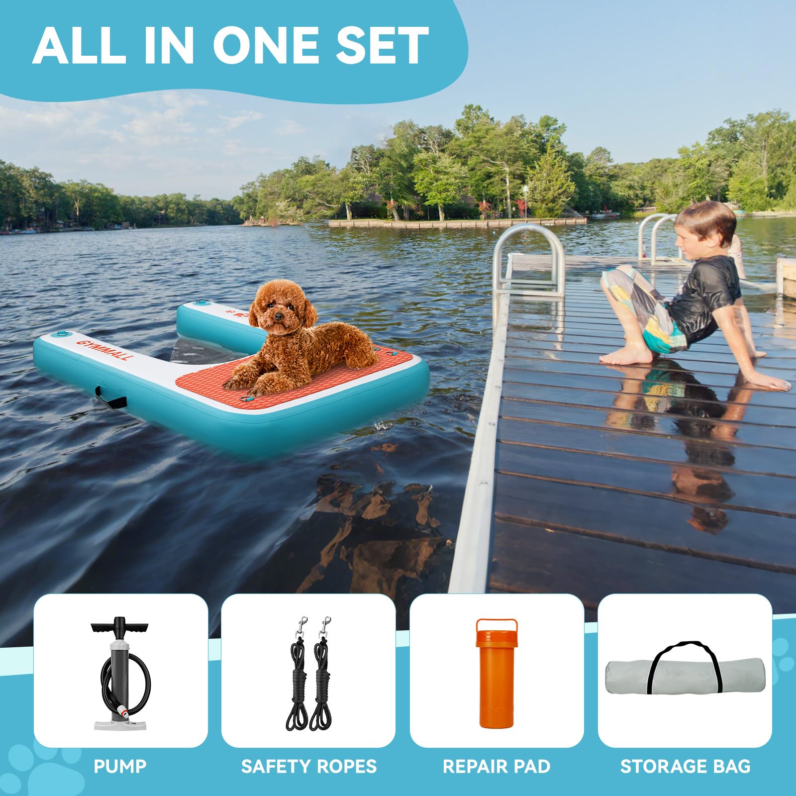 ZAMPIQ Inflatable Dog Water Ramp Pet Dock Platform Blue, Pet Water Platform for Boat Pool Lake Sea, Non-Slip Safety Floating Dock for Dogs up to 200lbs, EVA Puppy Float Ramp Dog Water Ladder